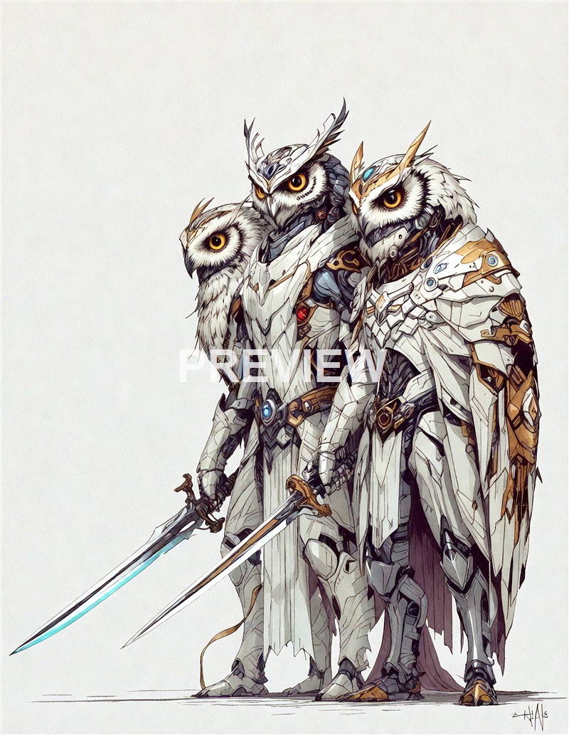 A detailed, fantasy-style illustration of a humanoid warrior with three owl heads, clad in ornate armor and wielding two swords, standing against a plain background.